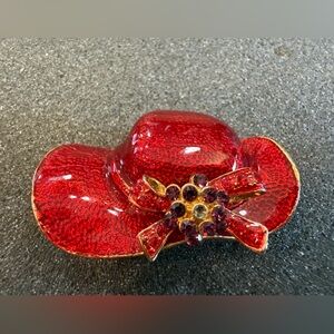 Vintage Red Enamel Hat Brooch Gold Tone Rhinestone Flower & Bow Glossy Shine